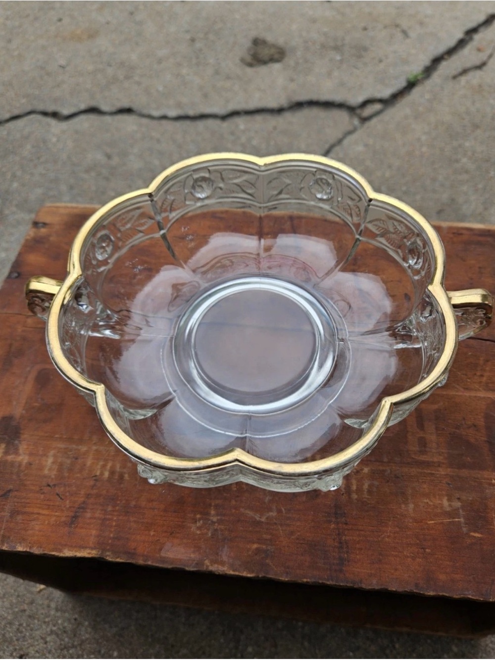 Vintage Pressed Glass Rose Serving Bowl with Gold Trim & Handles